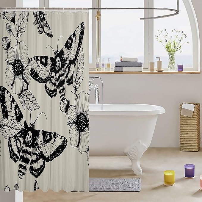 Gothic Skull Bathroom Shower Curtain Set Decorative Death Moth and Flowers Bath Curtain Kids Stalls Decor Pesonalized Skeleton Bones Shower Curtain Black Cream Waterproof Bathroom Curtains 72"x84"