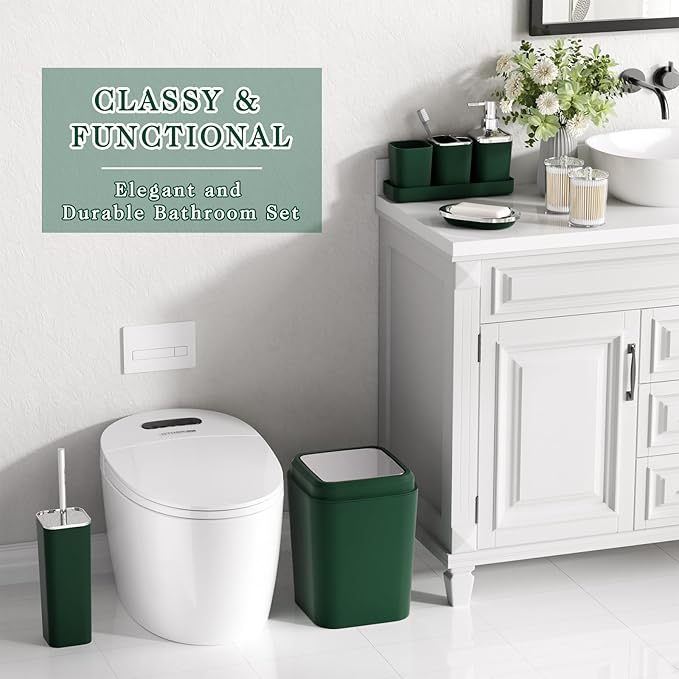 XLHOMO Dark Green Bathroom Accessories Set, Green Bathroom Set with Trash Can, Toothbrush Holder, Toothbrush Cup, Soap Dispenser, Soap Dish, Toilet Brush Holder, 2 Qtip Holder Dispensers and Tray