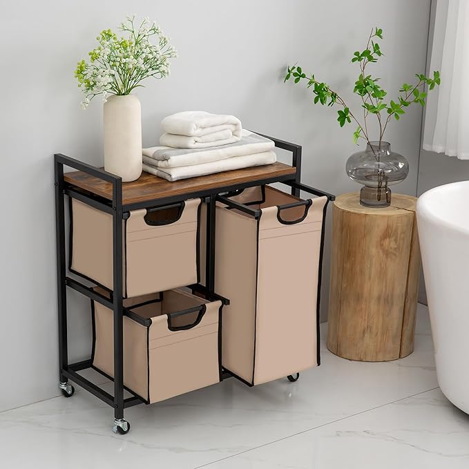 Suntage Laundry Basket Organizer - Hampers with 3 Compartments, Sliding Laundry Sorter Bags, Top Storage Shelf, Metal Frame