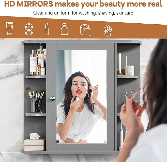 Meilocar Bathroom Mirror Cabinet Wall Mounted, Medicine Cabinet with Mirror and 6 Open Shelves, Modern Bathroom Wall Cabinets Medicine Cabinets, Grey