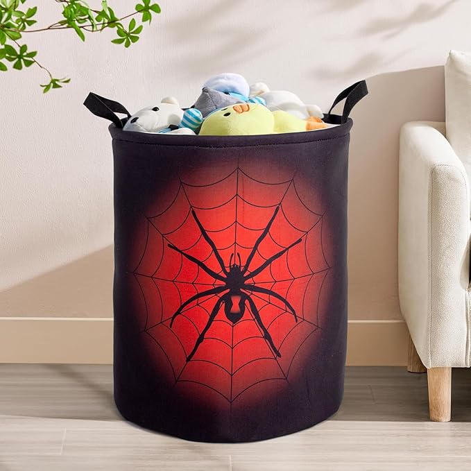 Black Red Spider Laundry Basket Foldable With Handles Tote Bag Waterproof Oxford Cloth Funny Laundry Hamper Clothes Storage Bucket Toy Organizer 43L For Bathroom/Laundry/Bedroom (Spider, 43L)