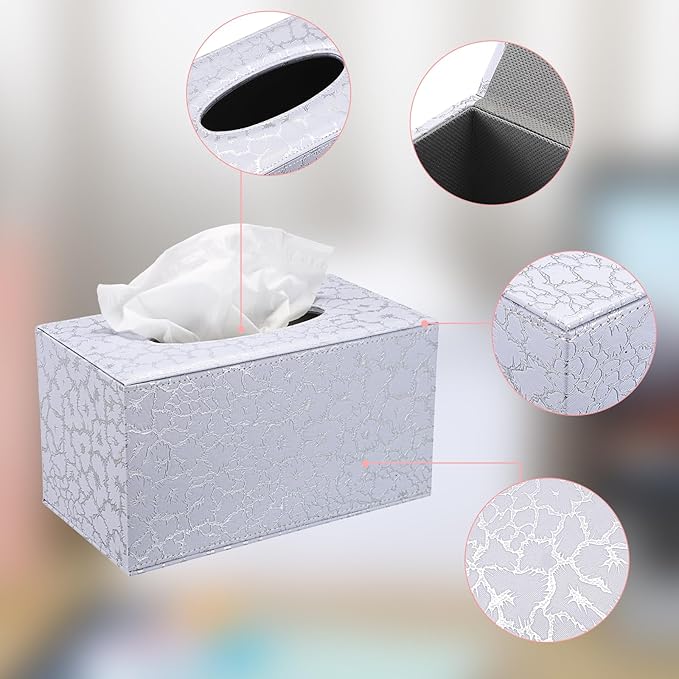 Sumnacon Rectangle Tissue Box Cover - Large Leather Tissue Box with Magnetic Bottom, Stylish PU Tissue Box Holder, Cube Tissue Cover for Bathroom Toilet Bedroom Living Room Table Desk Office,Silver