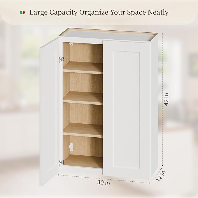 Kisart Laundry Room Cabinets Wall Mounted with Doors & Shelves, Solid Wood RTA Medicine Storage Cabinet, 30" Wx42”Hx12“D Inch White Shaker Hanging Cupboard, Space-Saving for Kitchen, Bathroom, Garage