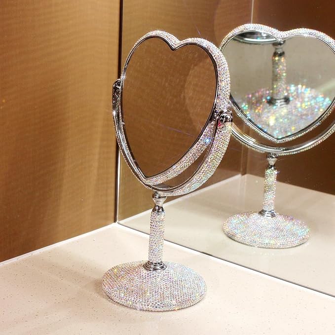 Luxury Bling Double-Sided Tabletop Makeup Mirror, Heart Shape Metal Makeup Mirror with 1:2 Magnifying Mirror, Rotating Mirror (Silver)