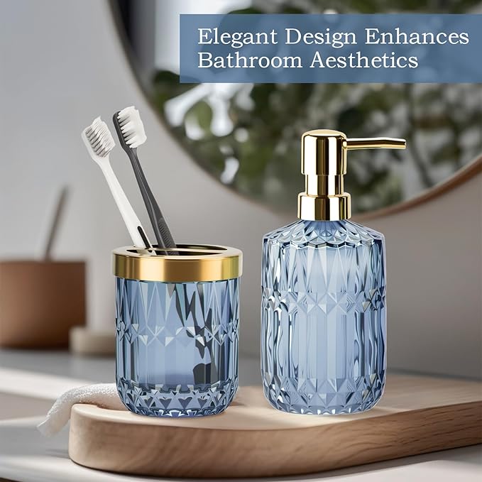 Glass Bathroom Accessories Set, 2PCS Clear Glass Bathroom Accessory, Toothbrush Holder and Soap Dispenser Set for Modern Bathroom Decor(Blue)