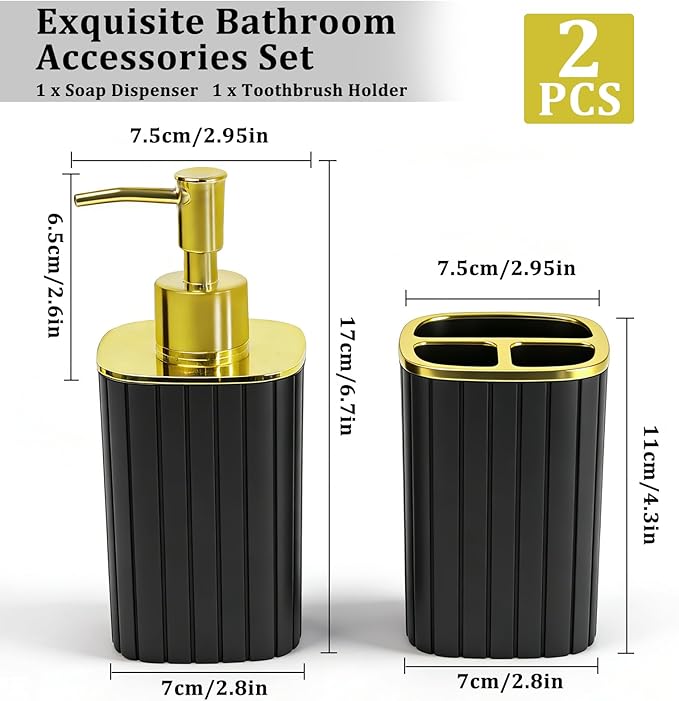 Bathroom Accessories Set 2 PCS- Black and Gold Bathroom Accessory Set, Bathroom Toothbrush Holder Set Includes Soap Dispenser and Toothbrush Holder for Boho Home Bathroom Decor