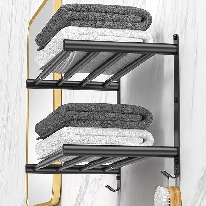 CAXIMSY Black Adjustable Towel Bar for Bathroom Wall Mount17-30.7inch Adhesive Shower Towel Rack Stainless Steel Bath Towel Holders for Toilet Kitchen Double Towel Hanger (Black Double Towel Rack)
