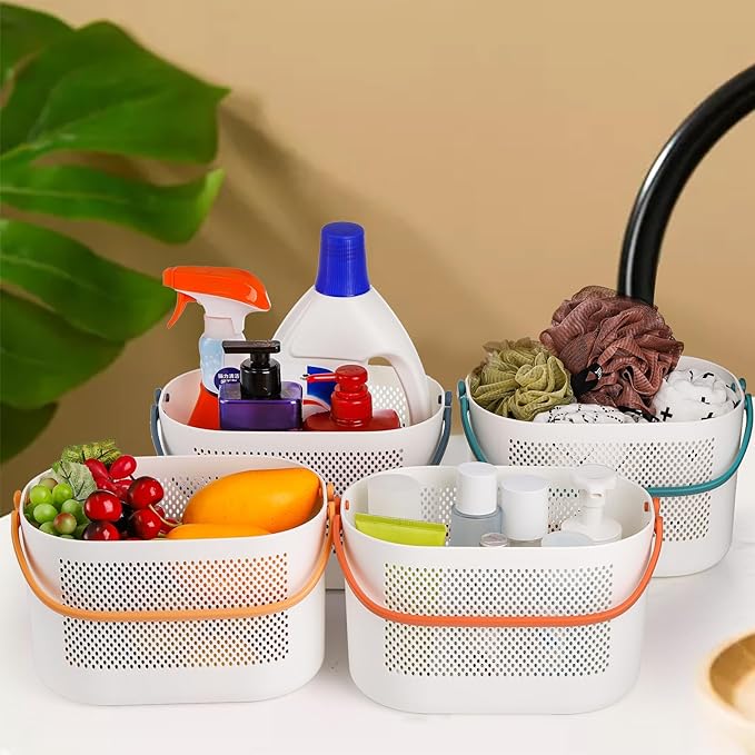 AVLA 4 Pack Portable Shower Caddy Basket, Plastic Storage Baskets with Handles, Drainage Toiletry Organizer Bin, Dorm Shower Tote Bag for Bathroom, Kitchen, Closet, Bedroom, College, Gym, Camp