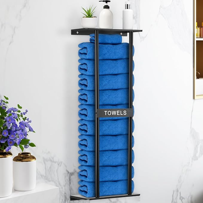 Vertical Towel Rack Wall Mounted - Metal Rolled Towel Holder, 31 Inch Black Space Saving Bathroom Storage Shelf for Shower, Toilet & RV (Black)