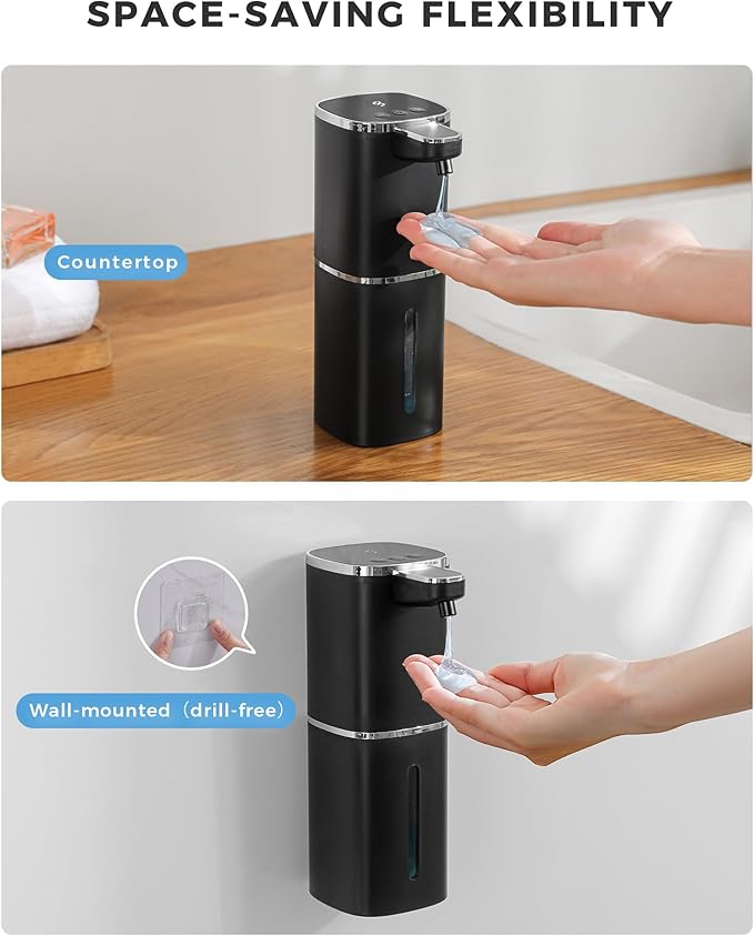 2 Pack Automatic Liquid Soap Dispenser, 13.5oz/400mL, USB Rechargeable, 9-Adjustable Liquid Levels, IPX5 Waterproof, Touchless & Wall/Tabletop Use for Kitchen Bathroom, Black