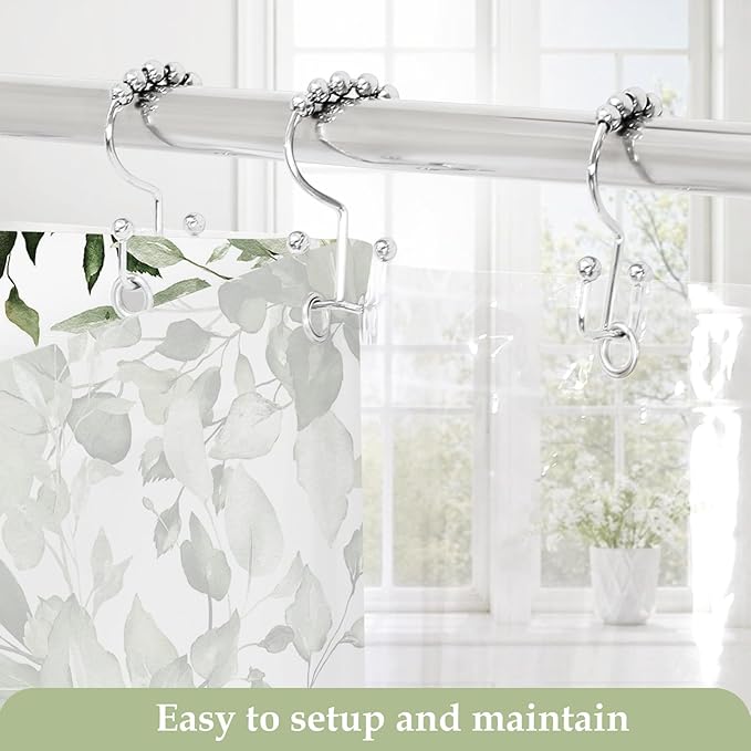 Gibelle 3 in 1 Shower Curtain Set, 72x72 OliveGreen Eucalyptus Bath Curtain with PEVA Liner Set and 12 Metal Hooks, Waterproof Fabric Bathroom Curtain