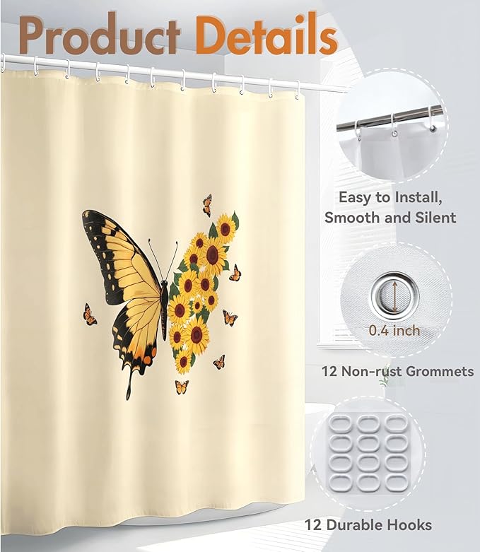 MAMUSE Shower Curtain for Bathroom - Cute Aesthetic Decorative Modern Girly Unique Girls Design Pretty Women Waterproof Fabric Cloth Cortinas de Baño Bathtub 72 x 72 Inch, Sunflower Butterfly