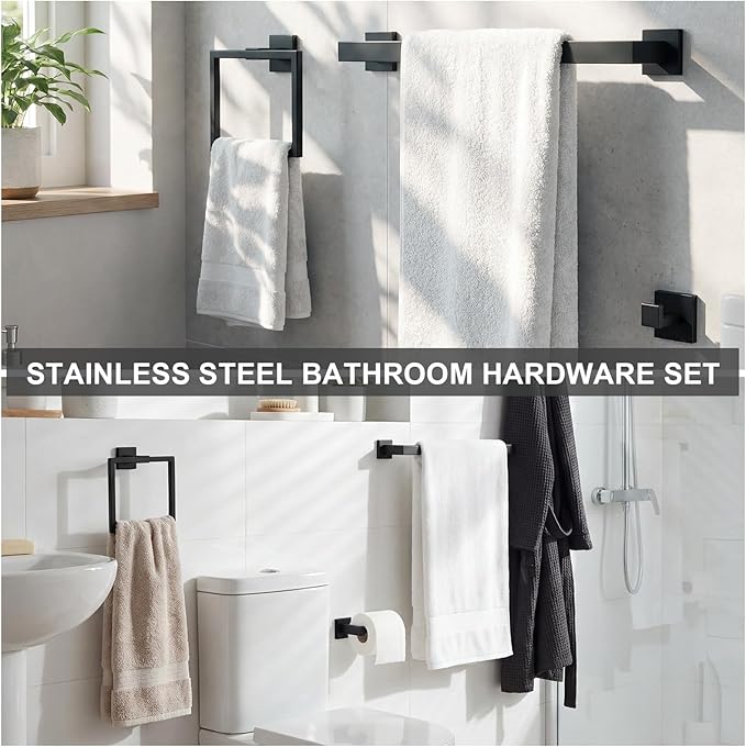 Gisafai 40 Pcs Black Bathroom Hardware Accessories Set 23.6 Inch Bath Towel Bar Kit Stainless Steel Bathroom Hardware Set Towel Racks Ring Robe Hooks Paper Holder for Wall Mounted