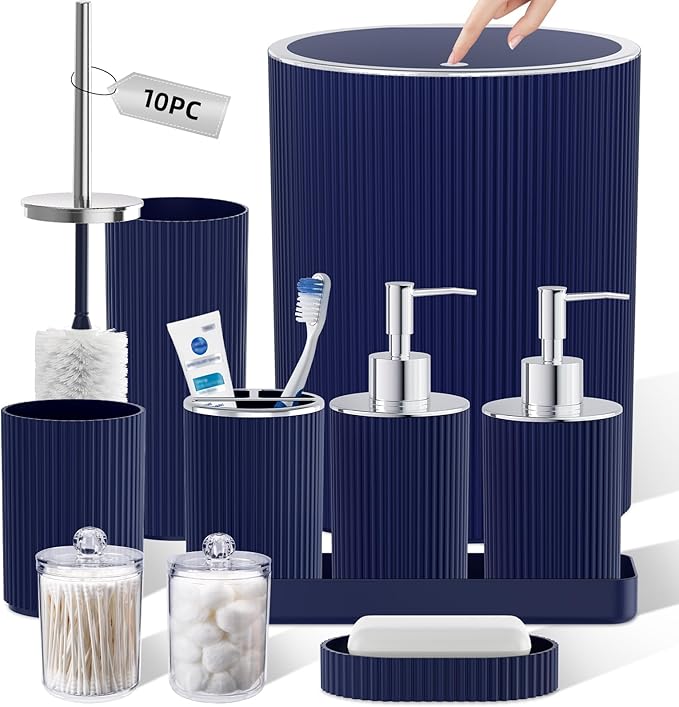 Navy Blue Bathroom Accessories Set, 10PC Bathroom Set, Bath Accessory with Pop Up Trash Can, Soap Dispenser, Toilet Brush, Toothbrush Set Qtip Holders & Tray
