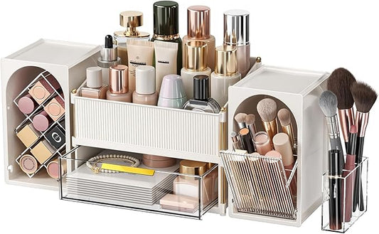 Makeup Organizer for Vanity with Brush Holder, Large Bathroom Countertop Cosmetic Organizer Skin Care Storage, Easy to Store Lipsticks, Nail Polishes, Perfumes (White+Transparent)
