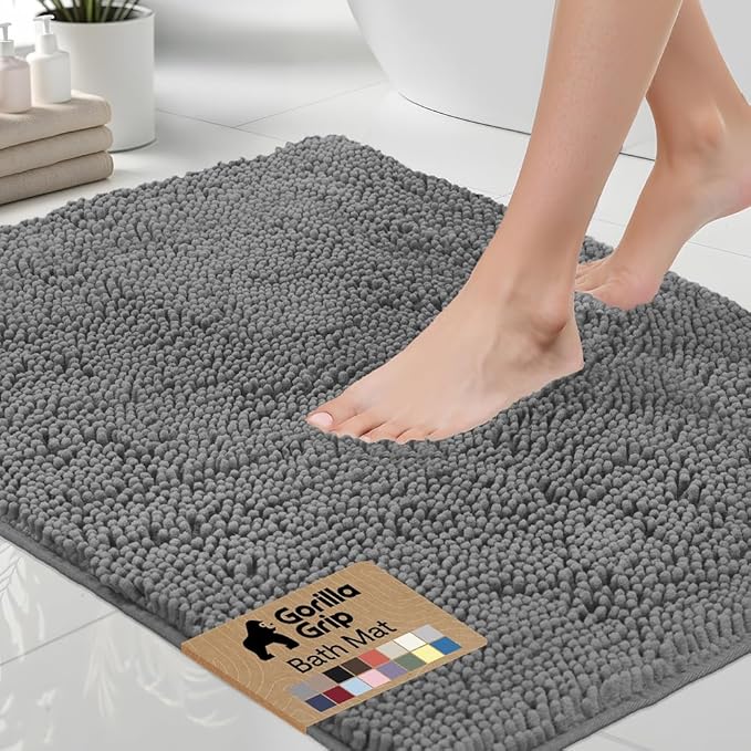 GORILLA GRIP Bath Rug Mat 60x24, Thick Soft Absorbent Chenille, Quick Dry Microfiber Mats, Rubber Backing Washable Shower Floor Rugs, Bathmat Runner, US Designed Bathroom Home Decor Accessories Grey