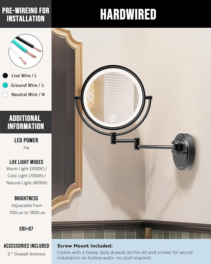 10" Large Magnifying Mirror Wall Mounted with Light Hard Wired, 1X/5X Double-Sided LED 3 Colors, Touch Dimmable, Extended Arm 360 Rotation Shaving Light up Mirror for Bathroom, Matt Black