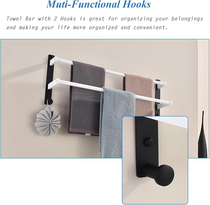 24-Inch Double Towel Bar with Hooks, Stainless Steel Towel Rod - Bathroom Wall Mounted Towel Hanger, White & Black