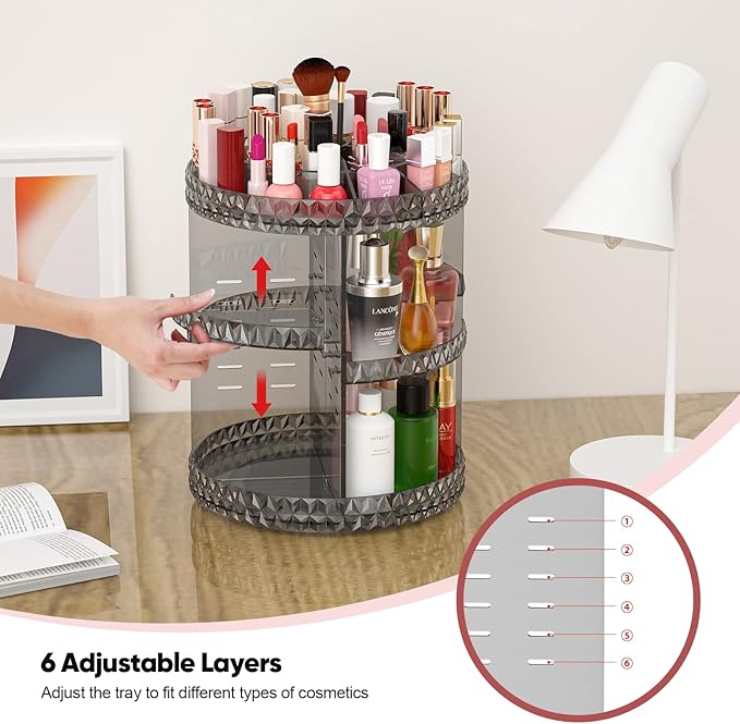 360 Rotating Makeup Organizer, DIY Adjustable Makeup Carousel Spinning Holder Storage Rack, Large Capacity Vanity Organizer Skincare Organizers (Gray)