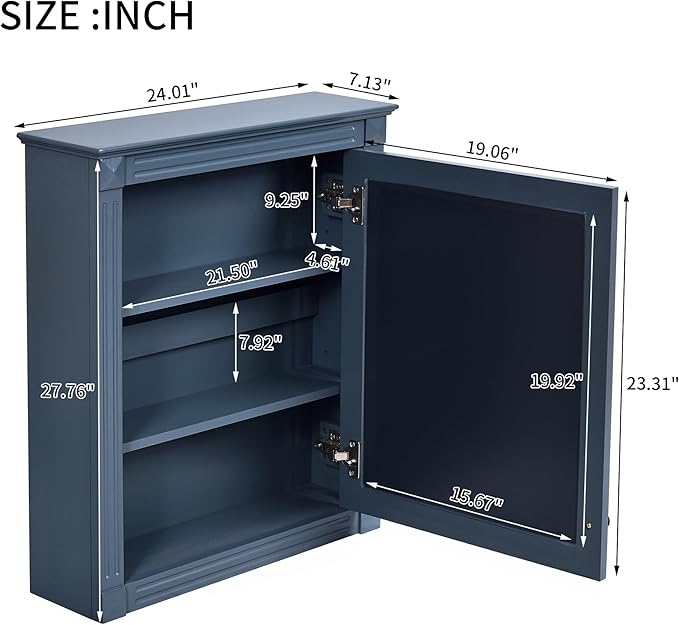 24'' x 27'' Wall Mounted Bathroom Storage Cabinet with Mirror, Medicine Cabinet with Height Adjustable Shelf, Over The Toilet Space