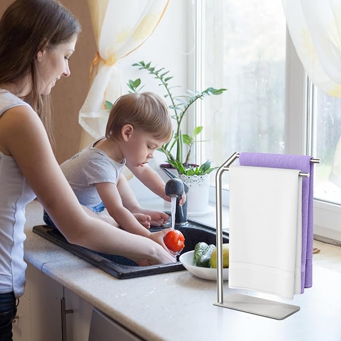 LSK Hand Towel Stand, Stainless Steel Bathroom Towel Holder Stand, Curved F-Shaped Countertop Towel Stand with Heavy Base, 16.6 Inch, Brushed Nickel