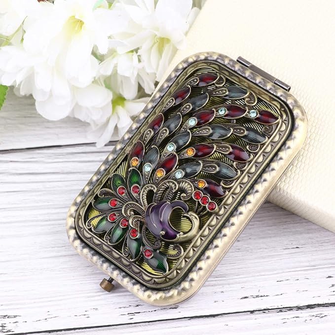 Beaupretty Vintage Foldable Makeup Mirror Pocket Size Antique Metal Double- Sided Compact Mirror Vanity MirrorTravel Mirror for Women