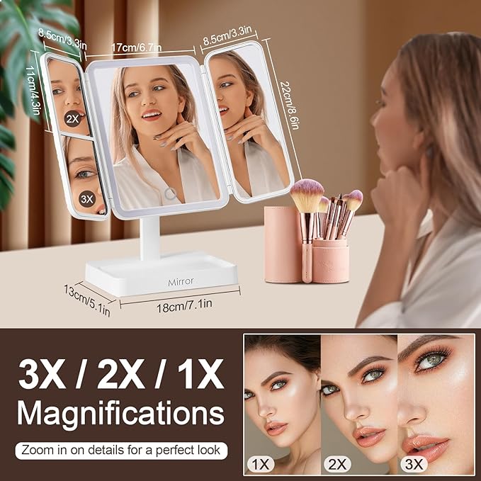 StellarHorizon Makeup Mirror Vanity with Lights, 83 LEDs, 360-Degree Uniform Fill Light, 3-Color Lighting, Touch Control, Trifold Makeup Mirror,Portable Led Travel Mirror，Women Gift