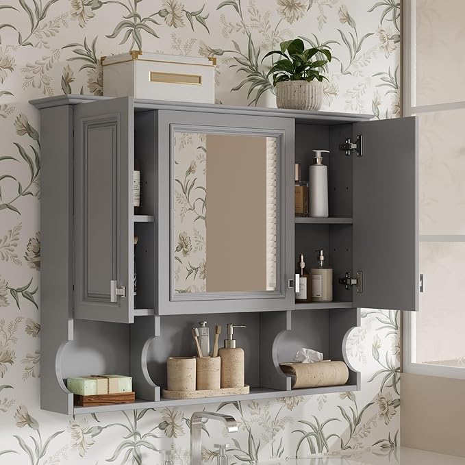 Merax Bathroom Wall Cabinet with Mirror, Wall Mounted Medicine Cabinet with Adjustable Shelves and Open Spaces, 35" x 28" Mirrored Door Over The Toilet Bathroom Storage Cabinet