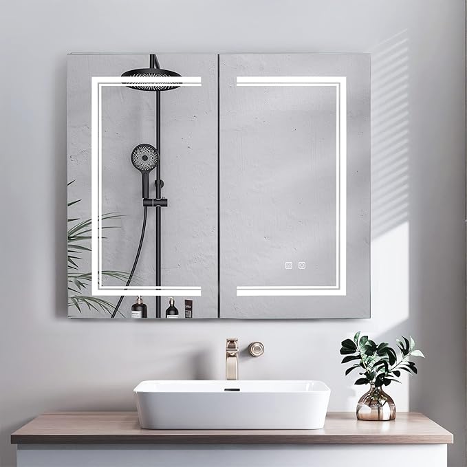 Karl home 32x28 Inch 2 Doors Bathroom Medicine Cabinet with LED Mirror, 3 Color Wall Mounted Dimmable Bathroom Cabinet with 3-Tier Storage Shelves, Anti-Fog, USB Charge, White