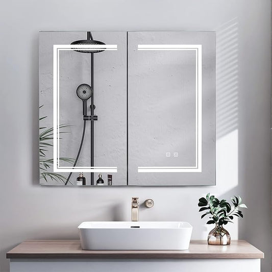 Karl home 32x28 Inch 2 Doors Bathroom Medicine Cabinet with LED Mirror, 3 Color Wall Mounted Dimmable Bathroom Cabinet with 3-Tier Storage Shelves, Anti-Fog, USB Charge, White