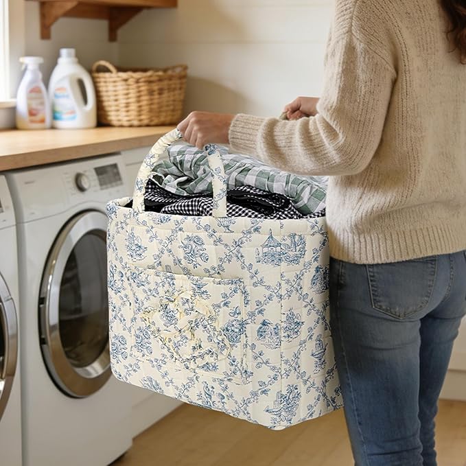 Quilted Fabric Basket Car Storage Basket Boho Floral Laundry Hamper for Nursery Bedroom & Living Room | Organize Clothes Toys