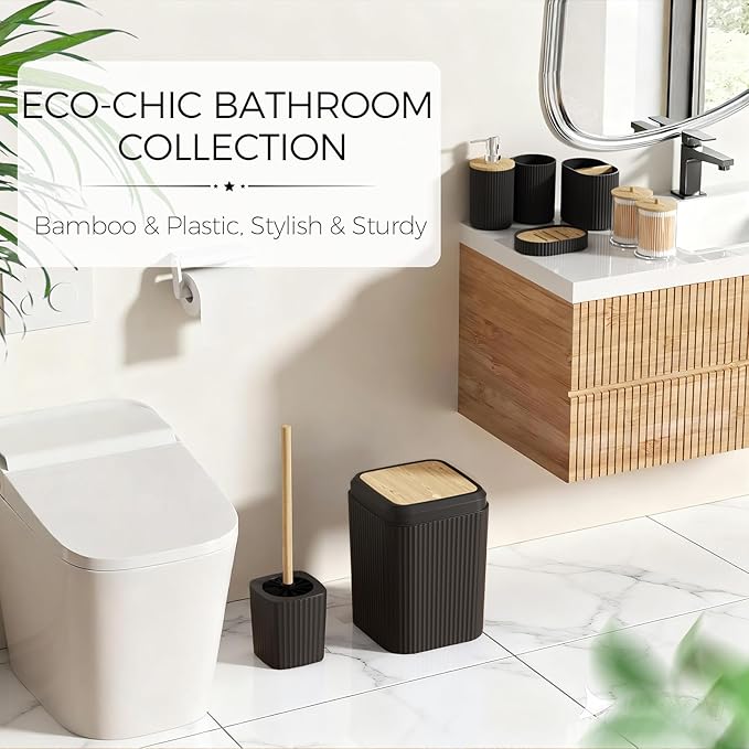 Bathroom Accessories Set - Unbreakable Black Bathroom Set, Trash Can, Toilet Brush with Holder, Soap Dispenser, Toothbrush and Toothpaste Holder, Tumbler Cup, Soap Dish, Qtip Holder, Bamboo Decor