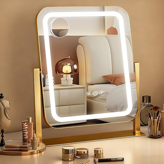 Ratsamee Gold Vanity Mirror with Lights 15"×13", Led Makeup Mirror, Lighted Makeup Mirror with 3 Color Dimmable Lights, Smart Touch Screen Control, 360°Rotation