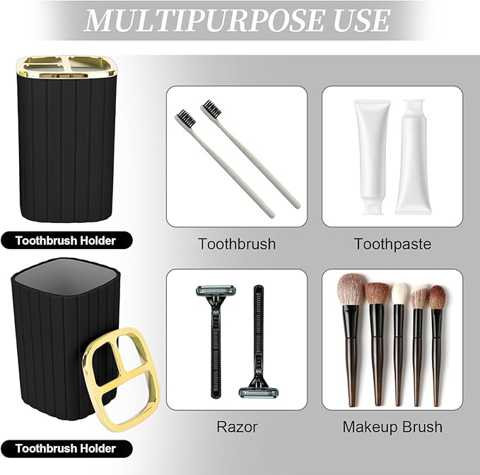 2PCS Bathroom Accessories Set, Black and Gold Bathroom Accessories Include Soap Dispenser and Toothbrush Holder for Boho Bathroom Decor