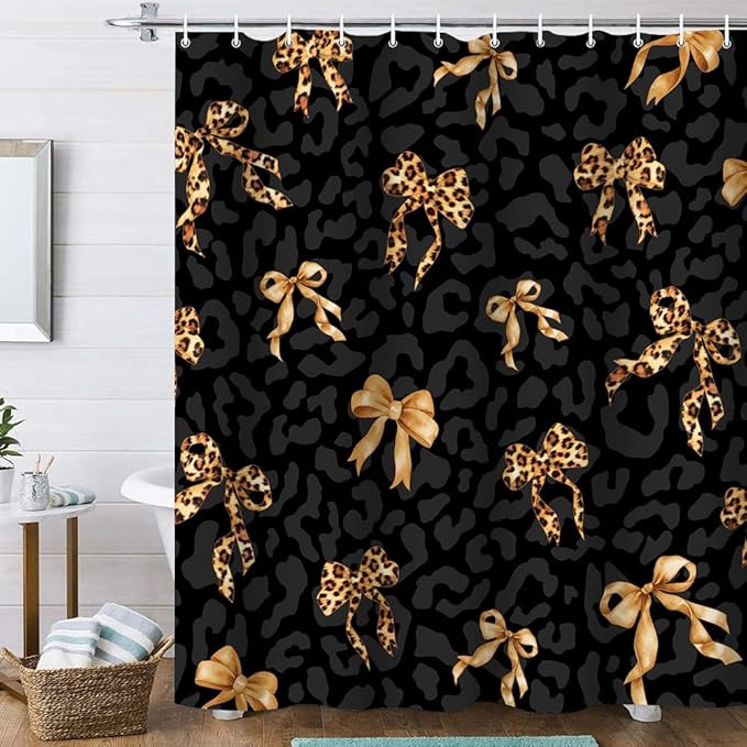 Onalasyc 4Pcs Black Brown Leopard Bow Print Shower Curtain Sets with Rugs, Sexy Modern Black Brown Leopard Bow Waterproof Bathroom Shower Curtain Decor Set with 12 Pcs Hooks,71 x 71in