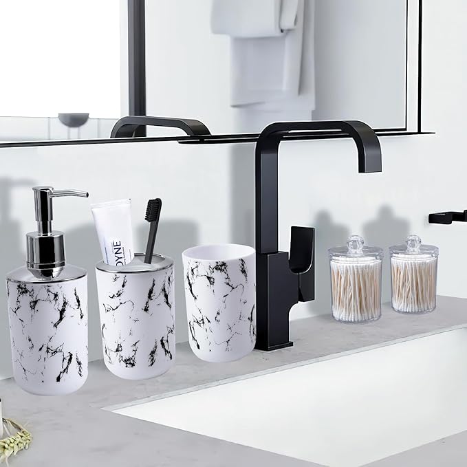 XLHOMO White Marble Bathroom Accessories Set, White Bathroom Set with Trash Can, Vanity Tray, Soap Dispenser, Soap Dish, Toothbrush Holder, Toothbrush Cup, Toilet Brush and Qtip Holders for Bathroom