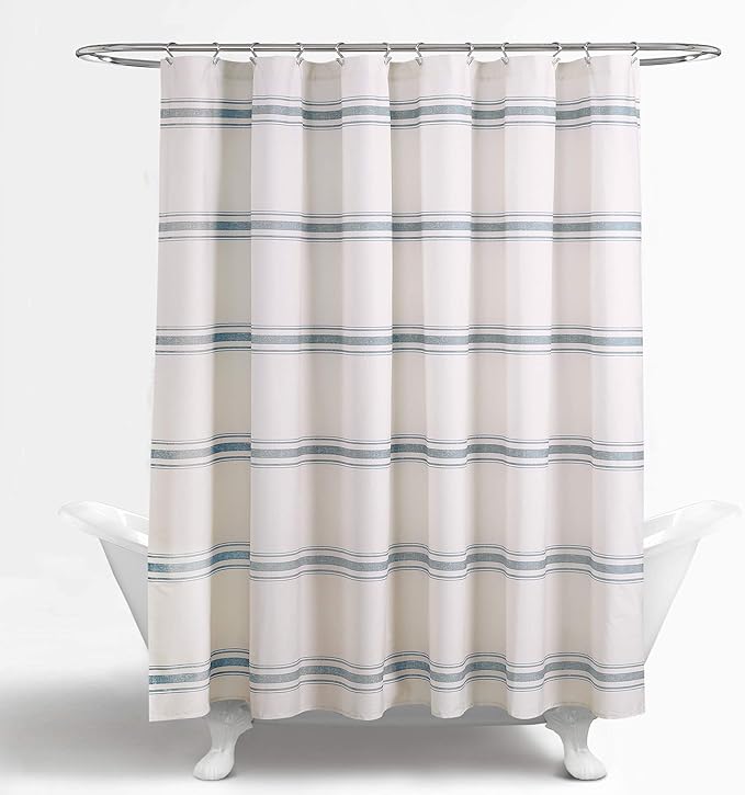 Lush Decor Farmhouse Stripe Cotton Shower Curtain, 72" W x 72" L, Blue - Striped Bathroom Curtain - Fabric Shower Curtains - Farmhouse Bathroom Decor