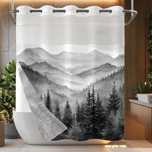 Accnicc No Hook Shower Curtain with Snap in Liner Forest Mountain Shower Curtains for Bathroom Black White Nature Misty Pine Tree Foggy Rustic Woodland Waterproof Fabric Bath Curtain Decor 71×74In