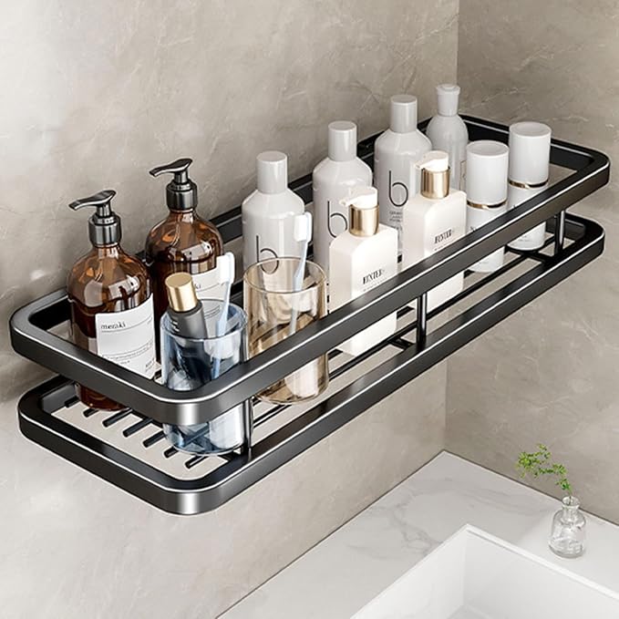 Wall Mounted Bathroom Shelves, Bathroom Storage Box with Protection Railing, Freestanding Kitchen Organizer (Color : 15.7inch, Size : Black Single)