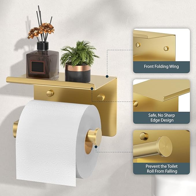 FORIOUS Bathroom Hardware Accessories Set, SUS304 Stainless Steel 24 Inch Towel Bar Set Wall Mounted, Modern Toilet Paper Holder with Shelf for Bathroom, 5 Pieces, Brushed Gold