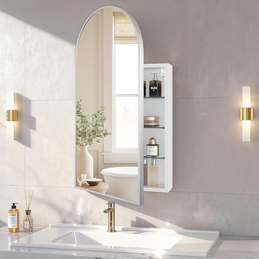 FKWin Arched Medicine Cabinets with Mirror, Bathroom Mirror with Storage, Aluminum Alloy Bathroom Cabinet, Modern Bathroom Wall Cabinet with 3 Adjustable Shelves, Not Recessed, 29.5"x15.7",Silver