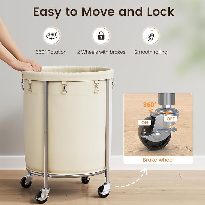 ELYKEN 190L Laundry Basket with Wheels, Large Rolling Laundry Hamper with Removable Liner Bag, Round Rolling Laundry Cart, Dirty Clothes Hamper for Hotel, Home, Closet, Dorm, Cream