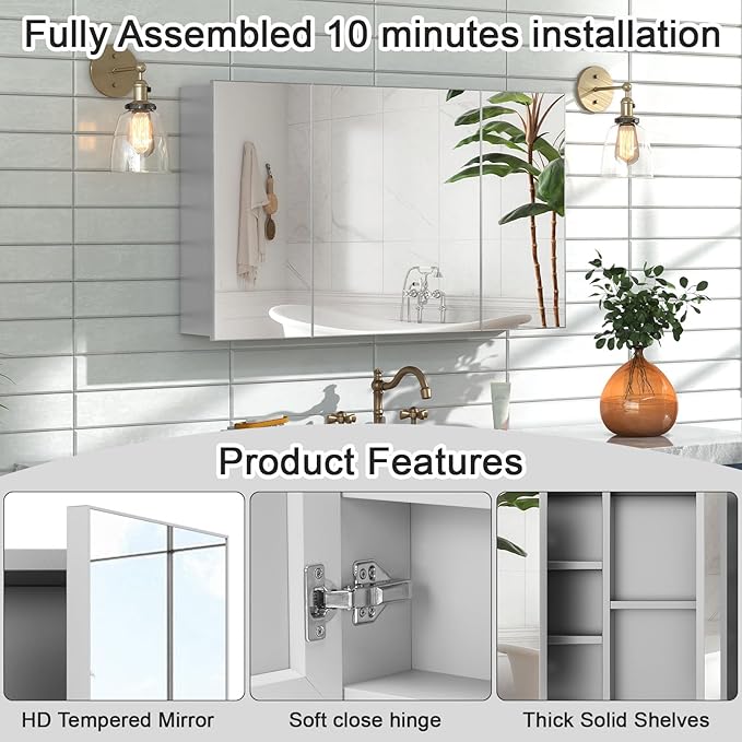 24x40 Inch Bathroom Medicine Cabinet with Mirror, Pre-Assembled Bathroom Medicine Cabinets, Surface/Recessed Wall Mounted Farmhouse Large Medicine Cabinet, Sliver