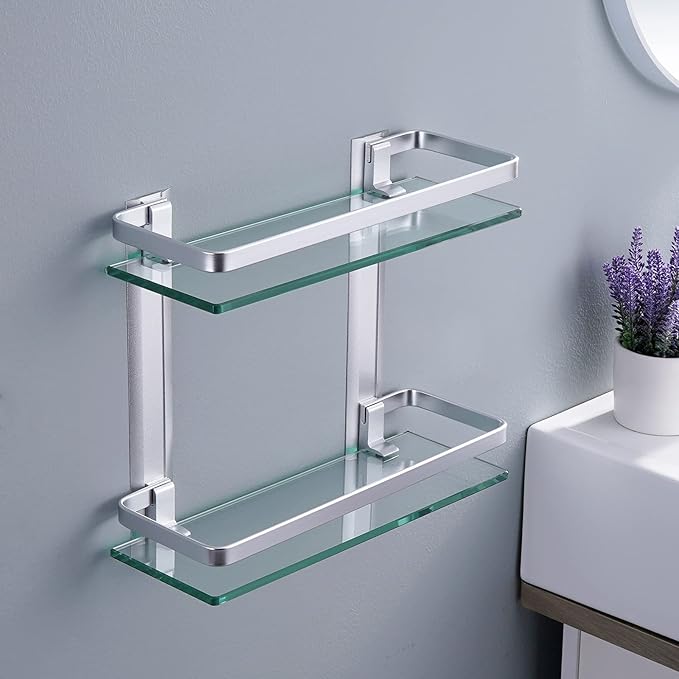 KES Bathroom Glass Shelf for Bathroom 2 Tier, Glass Storage Wall Mounted Tempered Glass and Aluminum Silver, A4126B