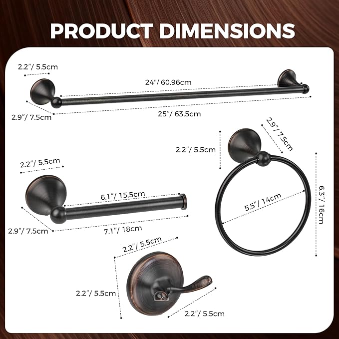 Bathroom Towel Bar Accessories Set，Oil Rubbed Bronze Bathroom Hardware Set, Includes 24In Towel Bar, Towel Ring, Robe Towel Hooks,Toilet Paper Holder, Bathroom Towel Rack Set