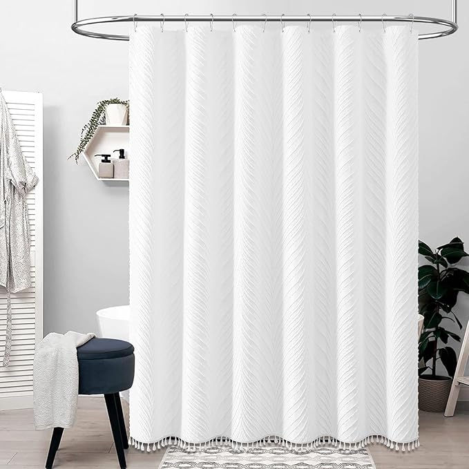 BTTN 80 Inch Long Shower Curtain - 72x80 Boho Farmhouse Tufted Leaves Textured Striped Fabric Shower Curtain Set with Plastic Hooks, Tall Country Shabby Chic Cloth Shower Curtains for Bathroom, White