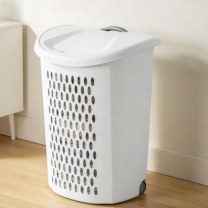 （1Pack)2-Bushel Plastic Laundry Basket on Wheels, Rolling Laundry Hamper with Wheels and Lid, Heavy-Duty Wheeled Hamper with Retractable Handle for Apartment & Dorm Room, White