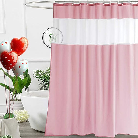 UFRIDAY 72x78 Inch Shower Curtain Pink with Mesh Window, Machine Washable Water Resistant Bathroom Curtains Grommet Shower Curtain Set with 12 Hooks