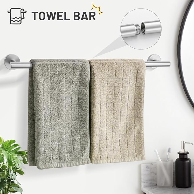 TURS Brushed Steel 5 Piece Bathroom Hardware Set, SUS304 Stainless Steel Bath Towel Bar Set, 24 Inch Bathroom Accessories Kit Wall Mounted