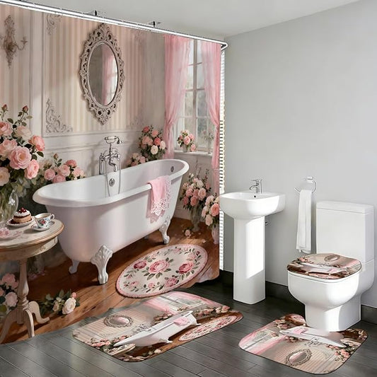 DDQQ 4 Pcs Pink Rose Shower Curtain Floral Bathroom Sets with Shower Curtain and Rugs Romantic Flowers Shower Curtain Set Women Bathroom Decor Bathroom Rug Set Toilet Lid Cover Hooks